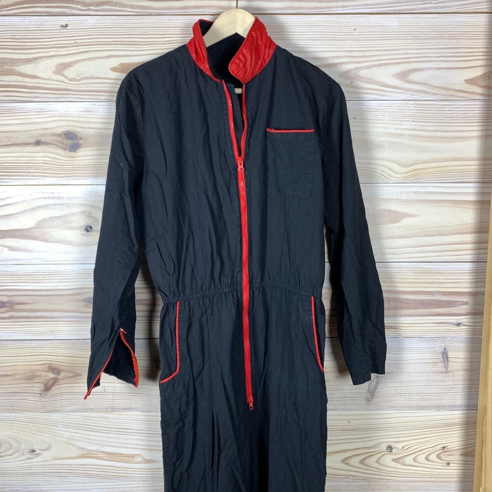 Retro Jumpsuit Coverall Mens M Black Red Full Zip Utility Moto Streetwear